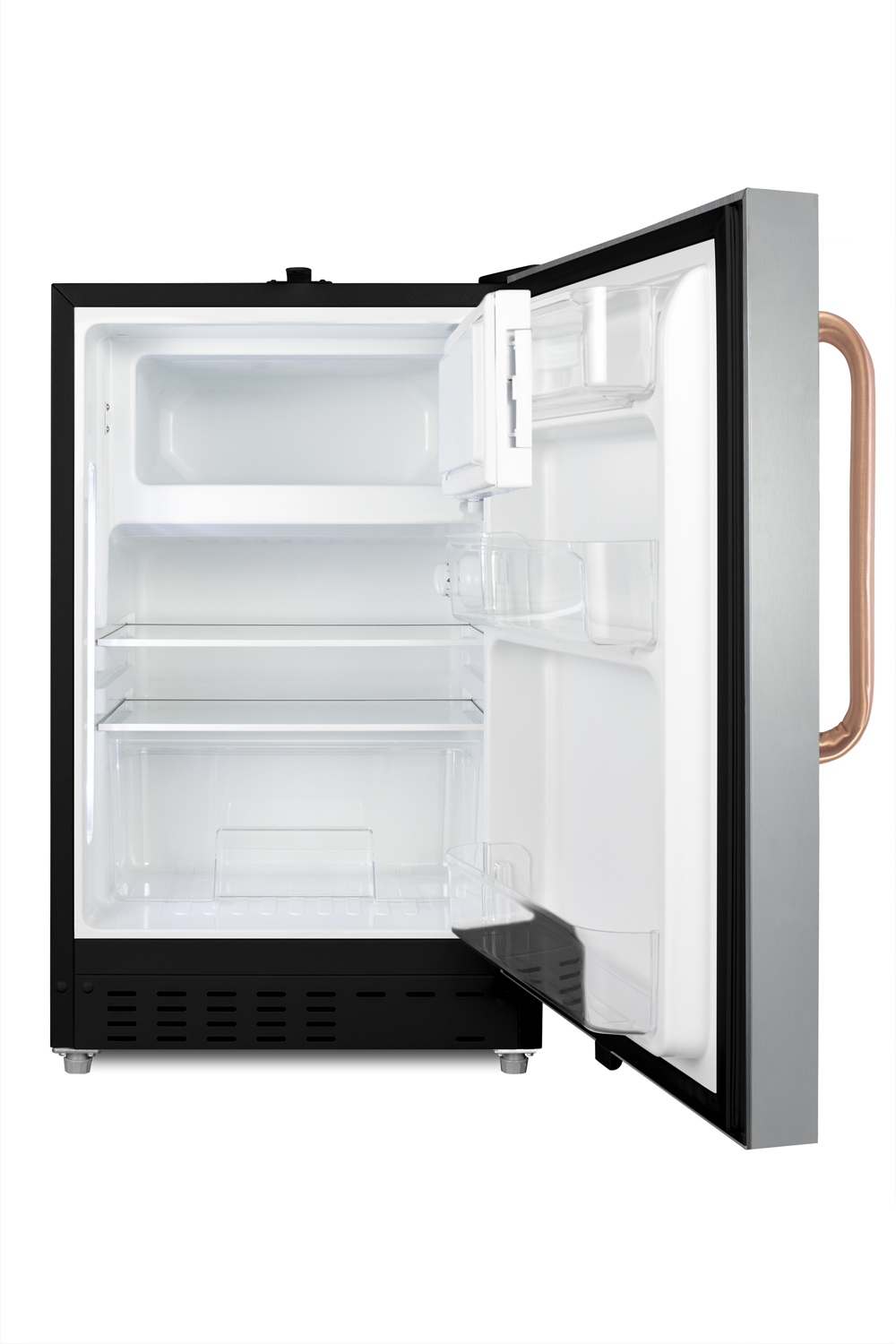 Built-in undercounter, ADA compliant refrigerator-freezer designed for general purpose storage, with a stainless steel door, pure copper towel bar handle, manual defrost operation, and front lock